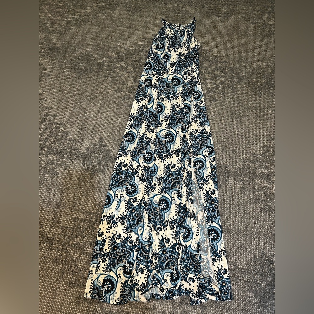 Elegant Blue and White Patterned Gown